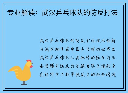 专业解读：武汉乒乓球队的防反打法