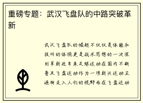 重磅专题：武汉飞盘队的中路突破革新