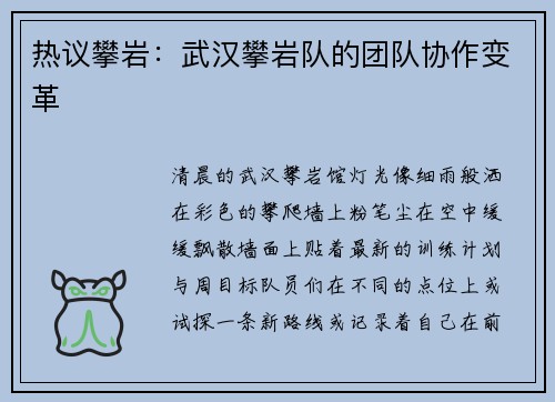 热议攀岩：武汉攀岩队的团队协作变革
