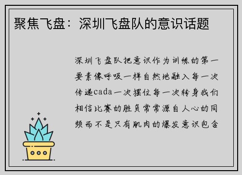 聚焦飞盘：深圳飞盘队的意识话题